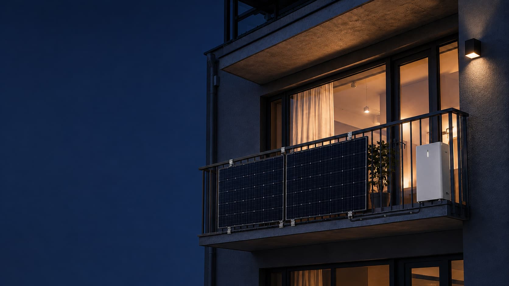 Balkonkraftwerk am Geländer eines Mehrfamilienhauses zur blauen Stunde, dahinter ein warm beleuchtetes Wohnzimmer