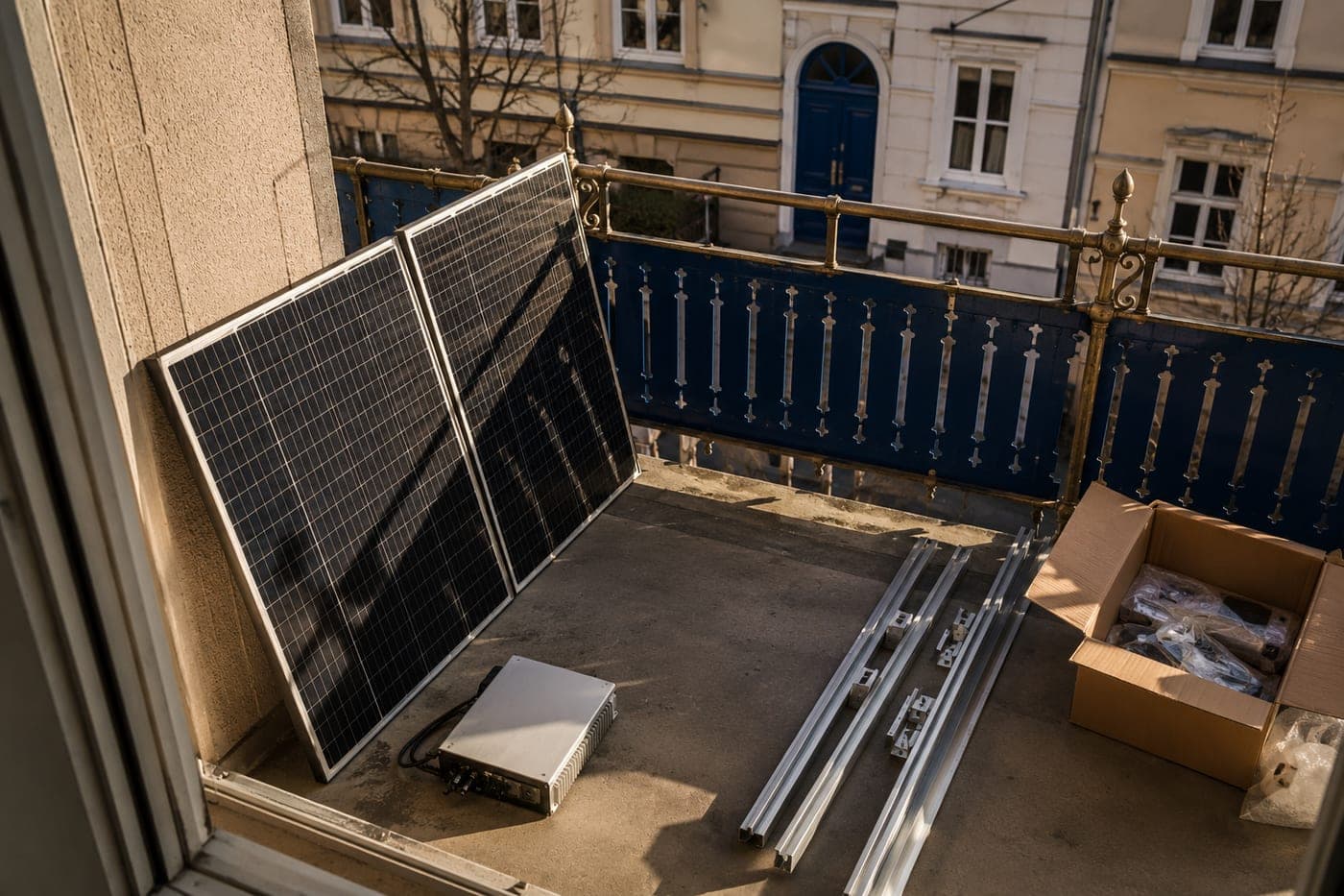 Zwei Solarmodule, Wechselrichter und Montageschienen ausgepackt auf einem Altbaubalkon