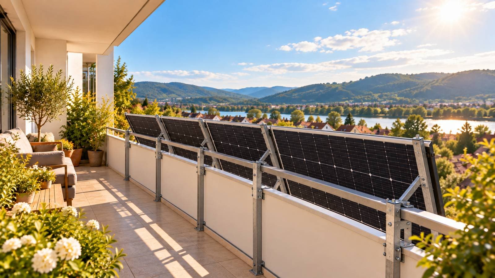 Balkonkraftwerk 2000 Watt: Vier Solarmodule nebeneinander am Geländer eines langen Balkons über dem Rheintal