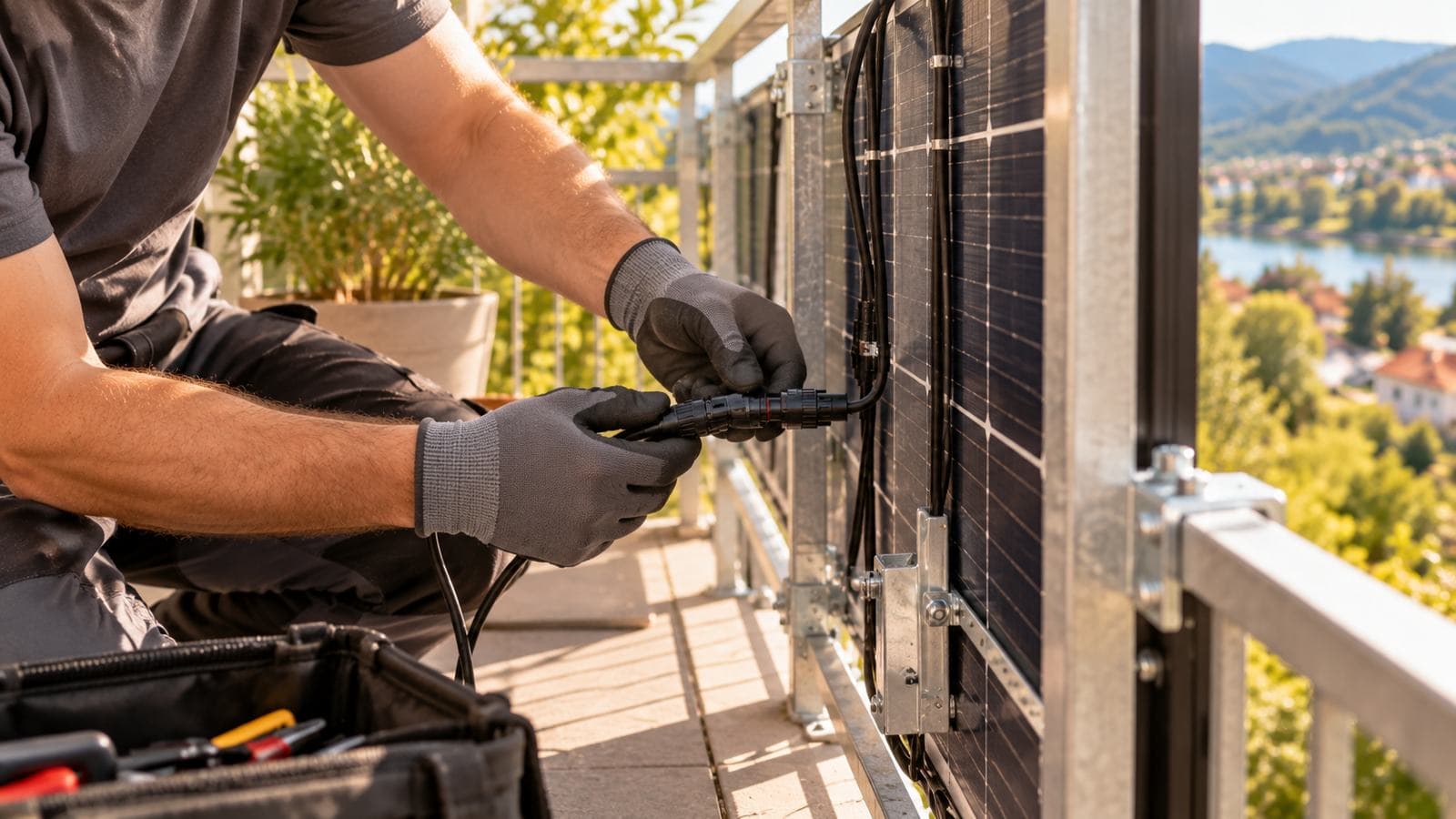Balkonkraftwerk anschließen: Monteur mit Handschuhen steckt am Balkongeländer zwei Solarstecker hinter einem Modul zusammen