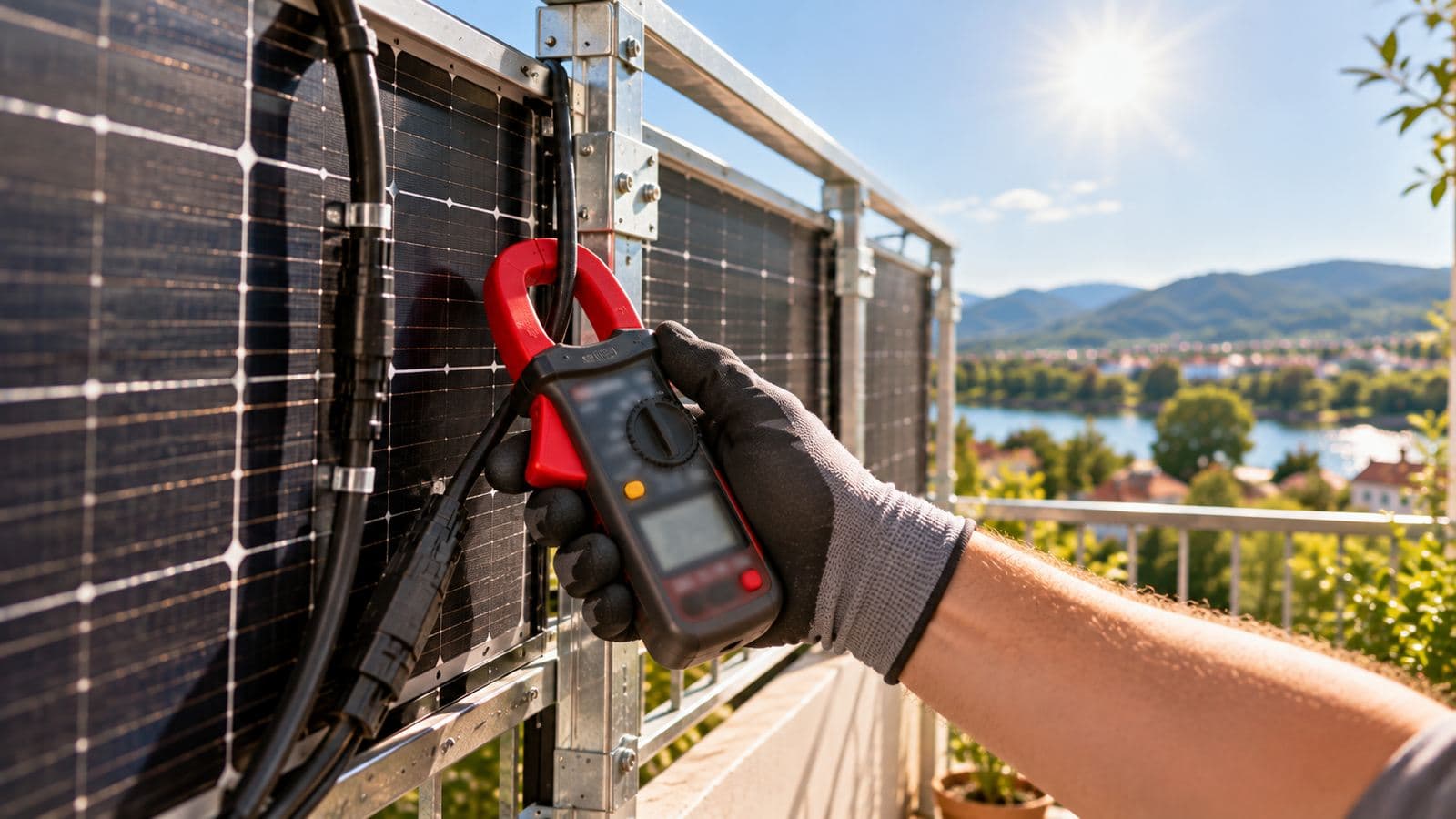 Balkonkraftwerk maximale Leistung: Hand mit Handschuh misst mit einer Stromzange am Kabel der Module in der Mittagssonne