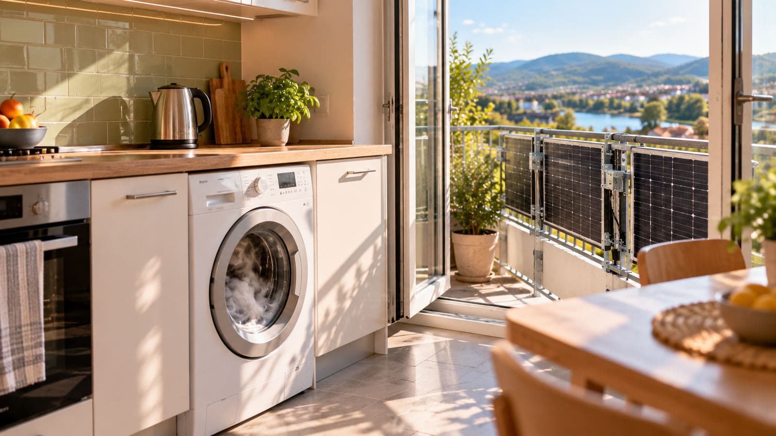 Eigenverbrauch PV Anlage: Küche am Mittag mit laufender Waschmaschine, durch die Balkontür Solarmodule in der Sonne