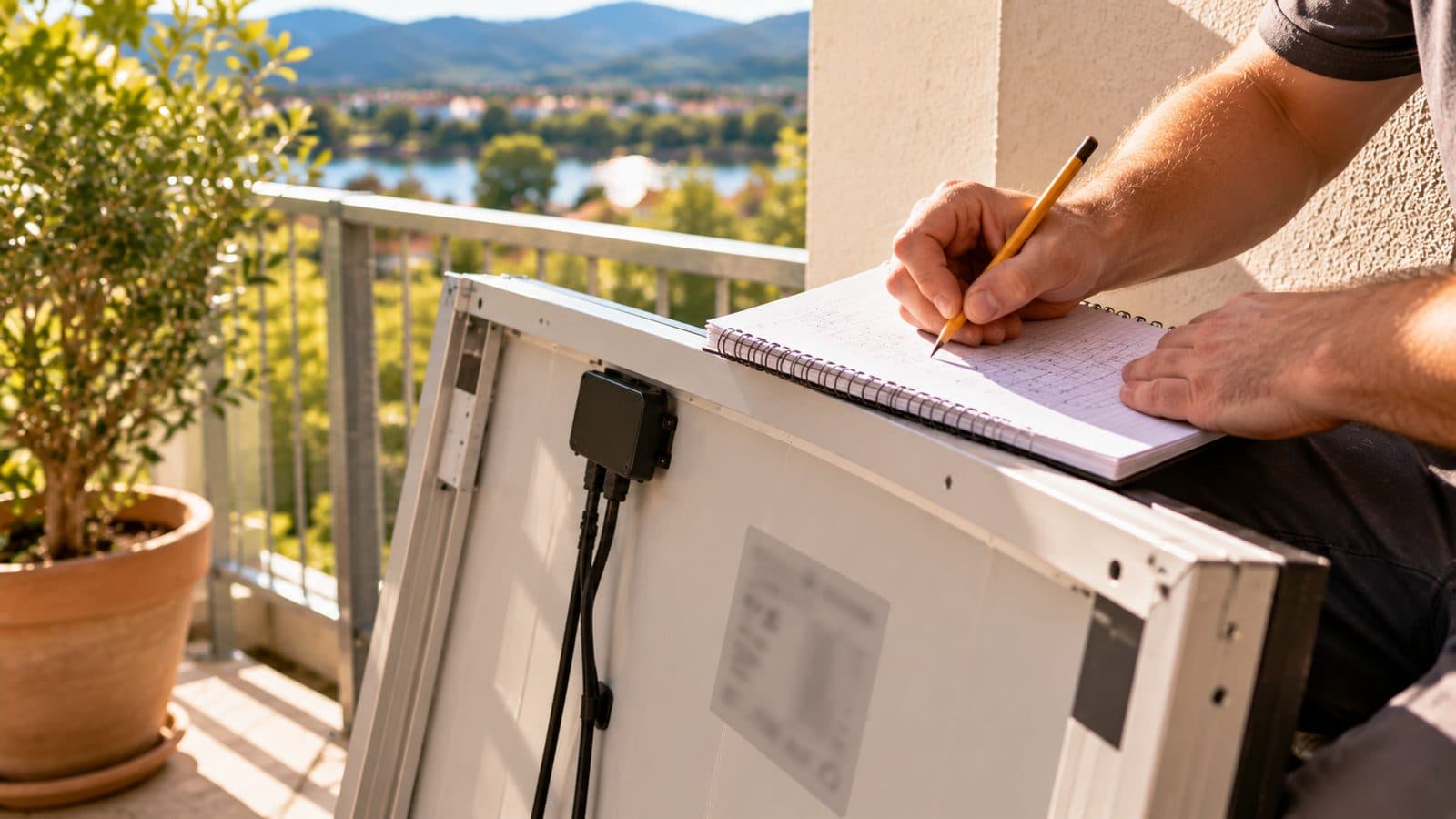 kWp Bedeutung: Hand rechnet im Notizbuch, das auf dem Rahmen eines Solarmoduls am Balkon liegt