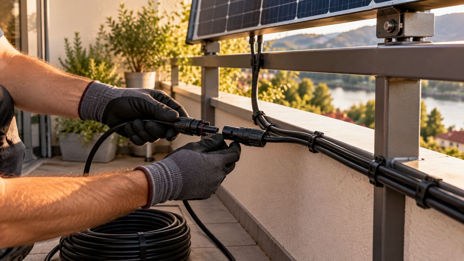 mc4 kabel: Hände mit Handschuhen verbinden Solarstecker einer Verlängerung, Kabel am Geländer befestigt