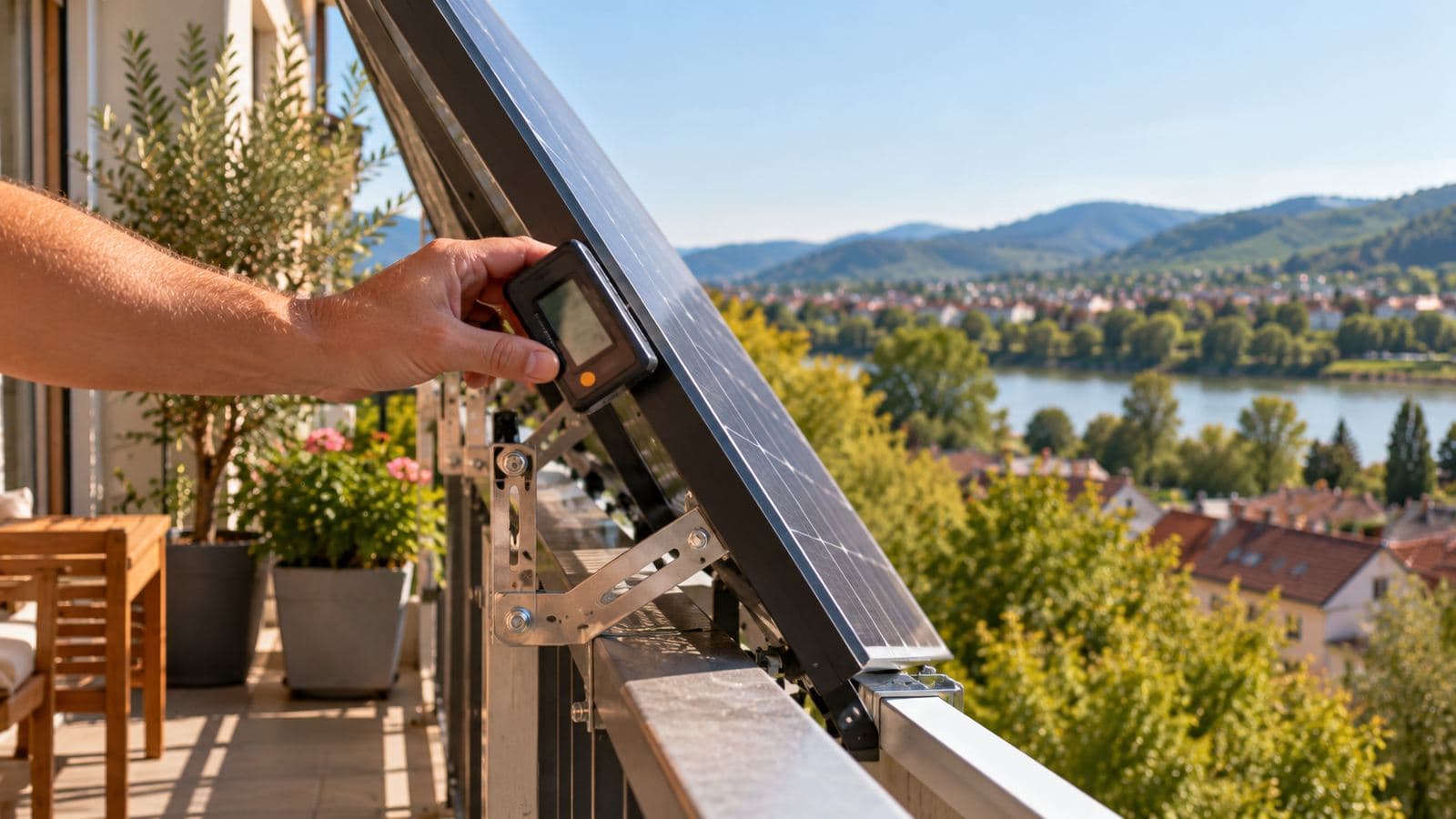 Photovoltaik Neigungswinkel Tabelle: Hand misst mit einem Winkelmesser die Neigung eines Solarmoduls am Balkongeländer