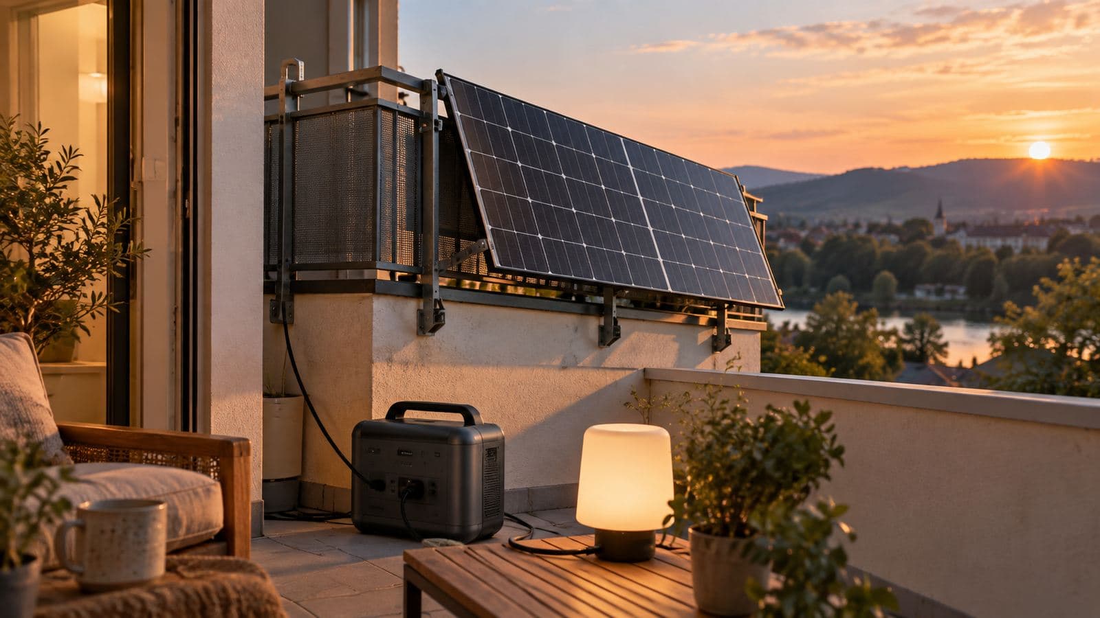 Powerstation: Mobiler Akku auf dem Balkon, verbunden mit einem faltbaren Solarmodul in der Abendsonne