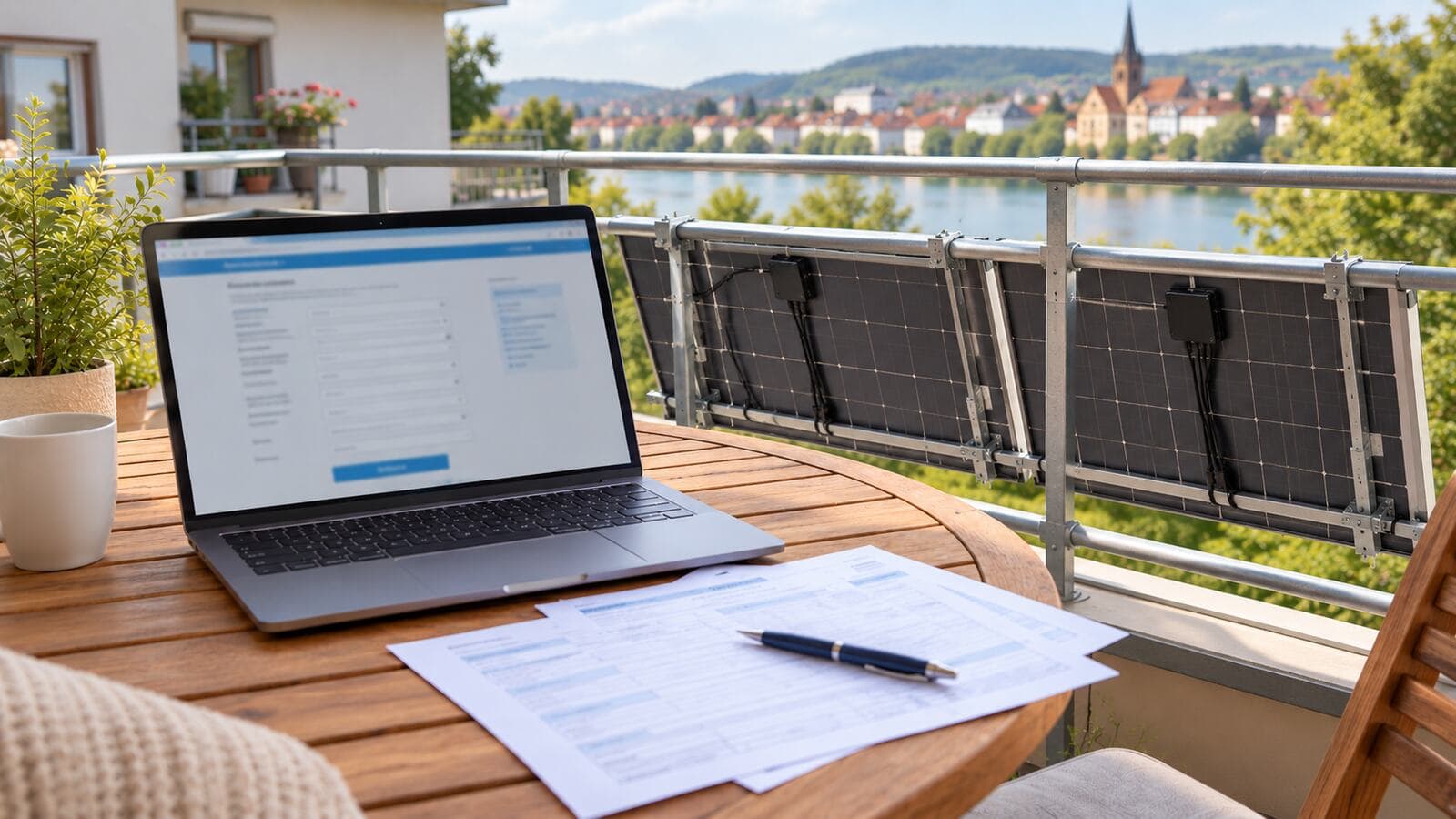 Laptop mit Onlineformular und ausgedruckte Formulare auf einem Balkontisch, dahinter Solarmodule am Geländer