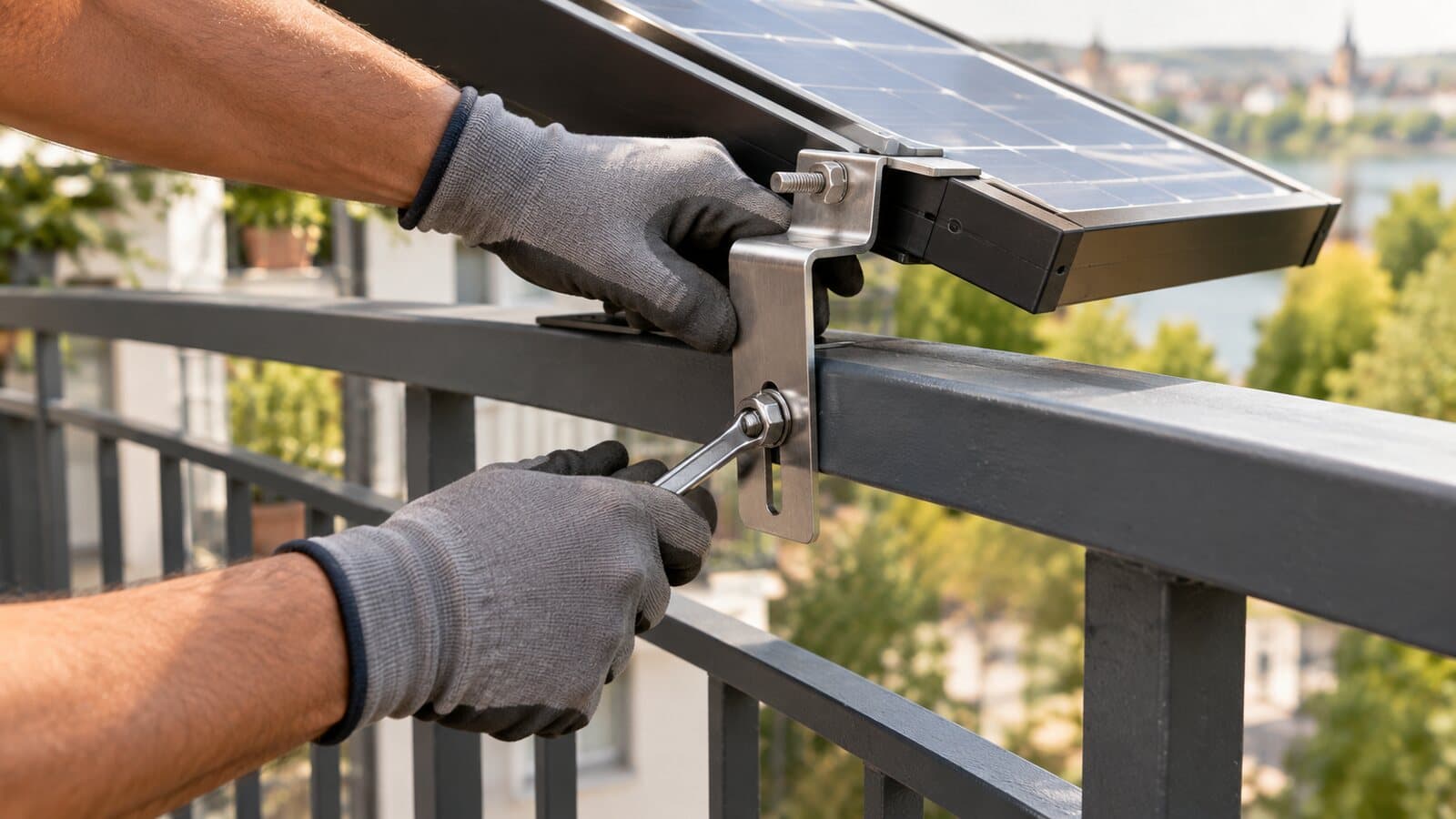 Hände in Arbeitshandschuhen ziehen die Edelstahlhalterung eines Solarmoduls am Balkongeländer fest
