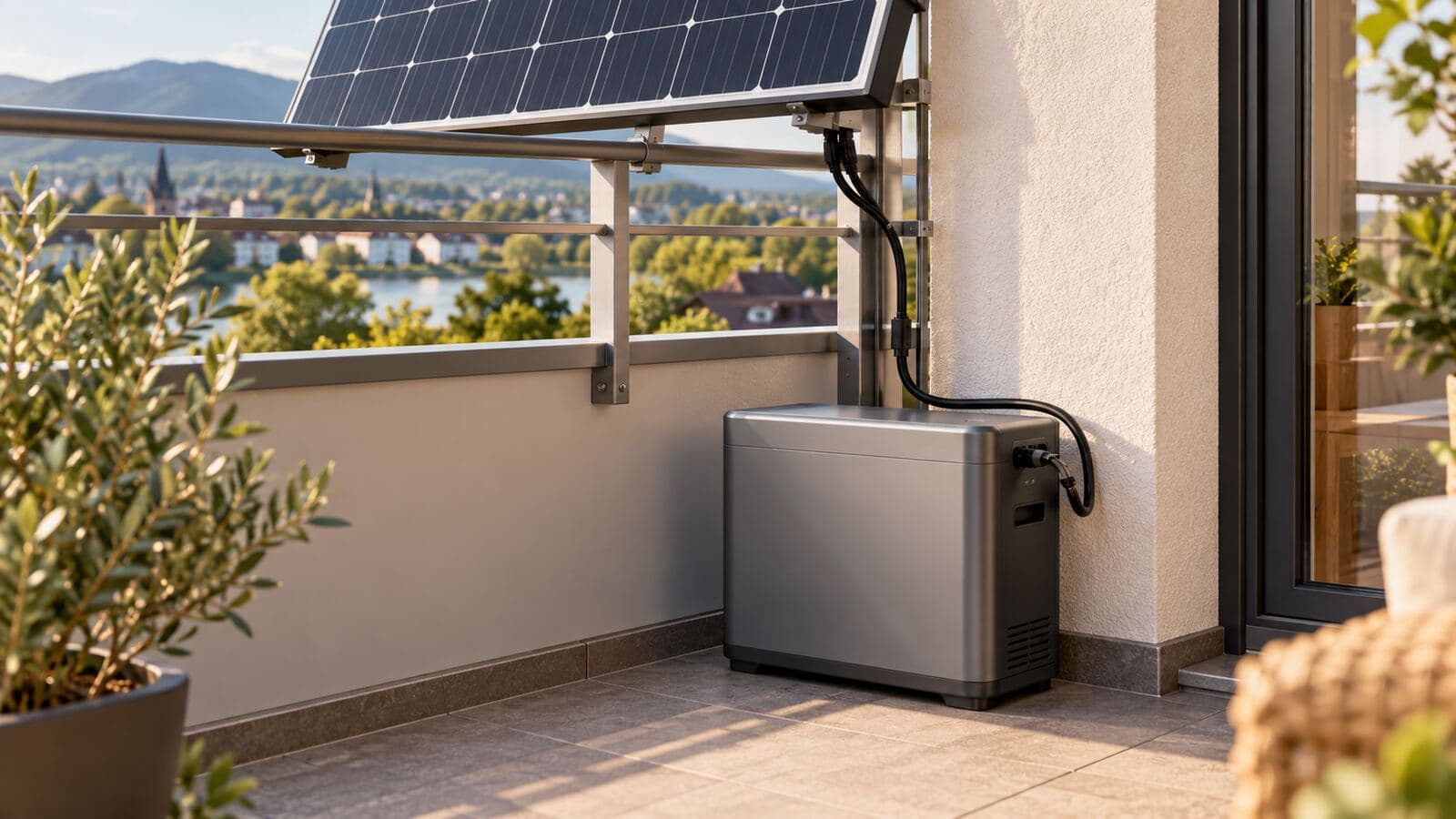 Batteriespeicher auf einem Balkon, per Kabel mit dem Solarmodul am Geländer verbunden