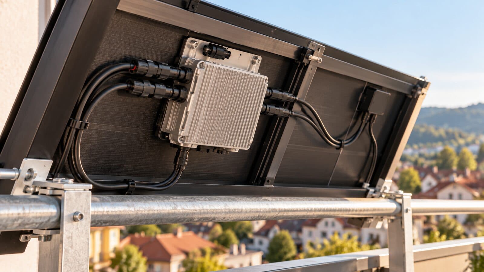Rückseite eines Solarmoduls am Balkongeländer mit Wechselrichter und Steckverbindern