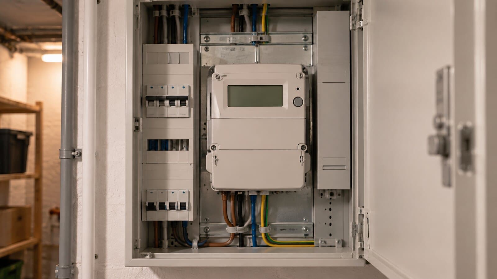 Geöffneter Zählerschrank im Keller mit digitalem Stromzähler und Sicherungsautomaten