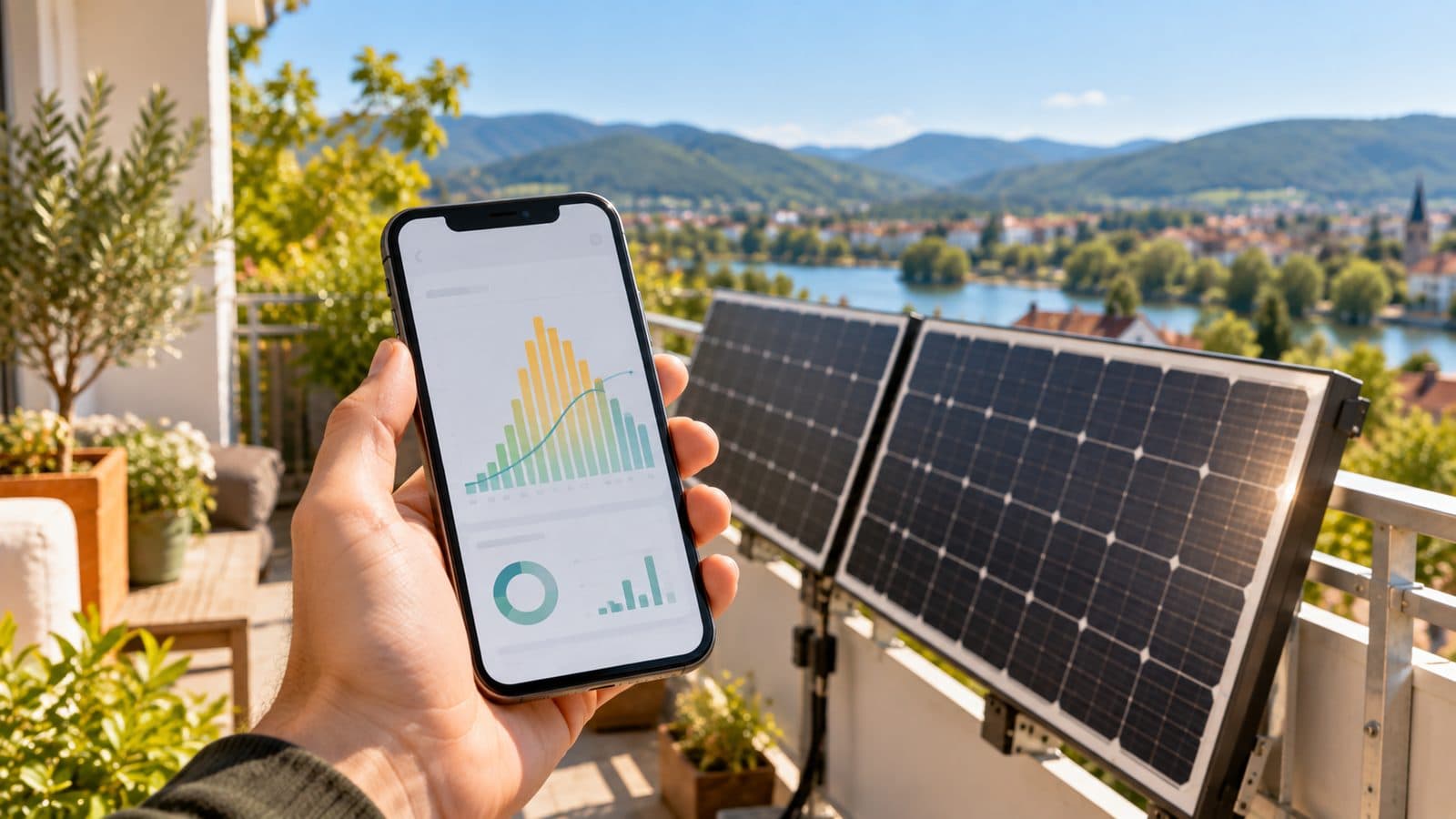 Smart Meter fürs Balkonkraftwerk: Hand hält ein Smartphone mit Verbrauchskurve, dahinter zwei Solarmodule am Balkongeländer
