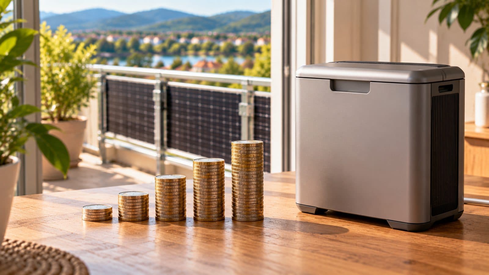 Solarspeicher Kosten: Ansteigende Münzstapel neben einem Stromspeicher auf dem Tisch, dahinter Module am Balkon