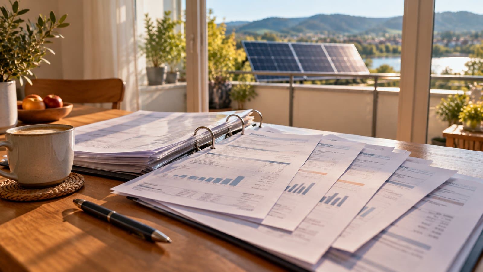 Strompreisentwicklung: Ordner mit Stromrechnungen mehrerer Jahre auf dem Küchentisch, im Fenster Solarmodule am Balkon
