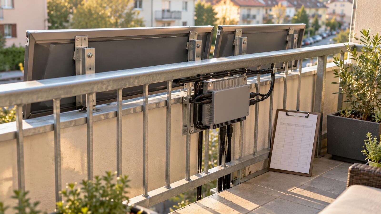 VDE-AR-N 4105: Mikrowechselrichter an der Innenseite eines Balkongeländers, daneben ein Klemmbrett mit leerem Prüfprotokoll, außen am Geländer die Rückseiten der Solarmodule