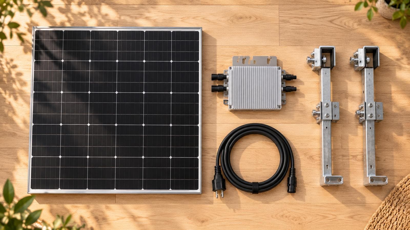 Wie funktioniert ein Balkonkraftwerk: Bauteile von oben, Solarmodul, Wechselrichter, Kabel mit Stecker und zwei Halterungen