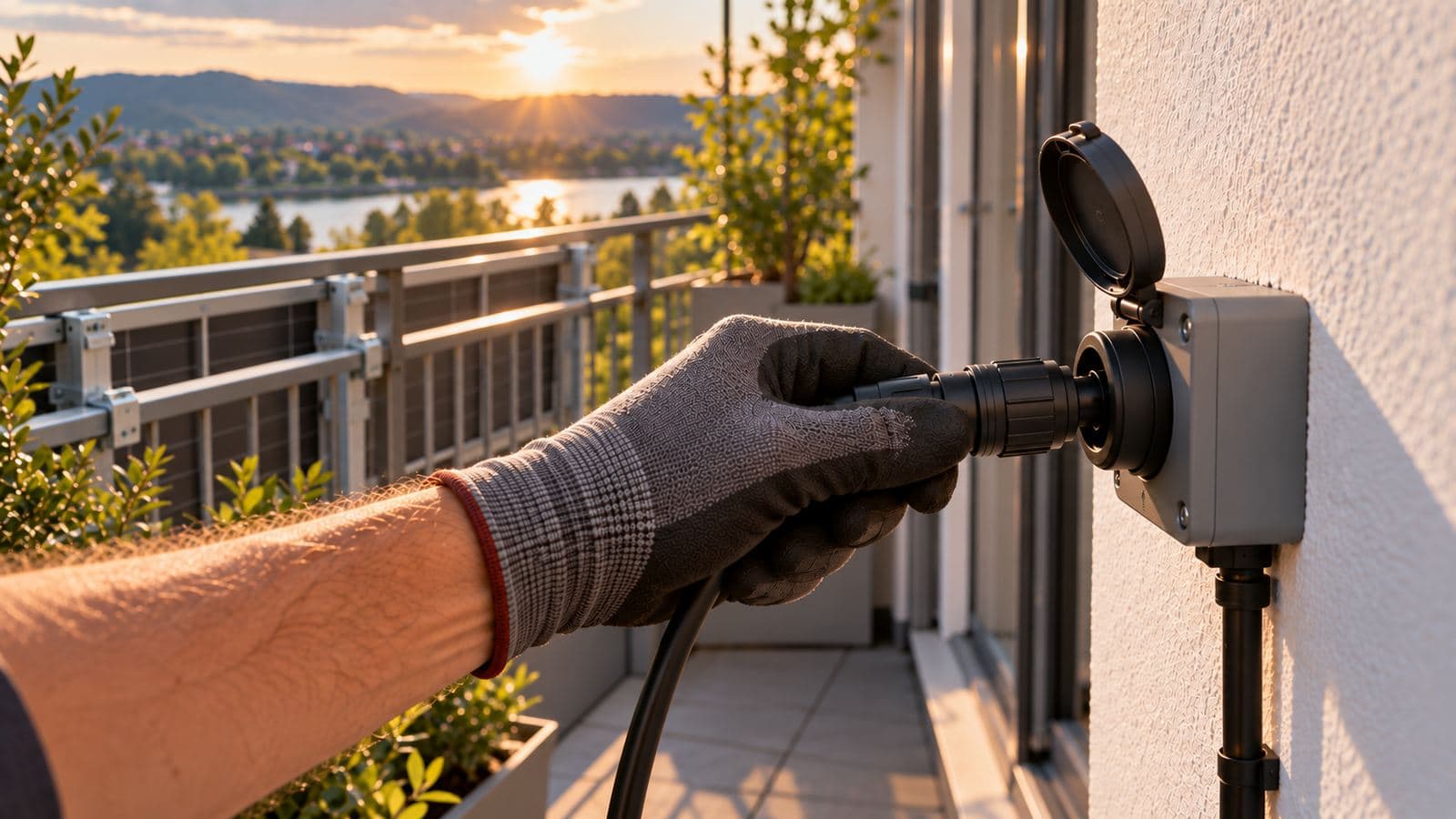 Wieland Stecker: Runder Einspeisestecker mit Verriegelungsring wird in die passende Energiesteckdose an der Balkonwand gesteckt