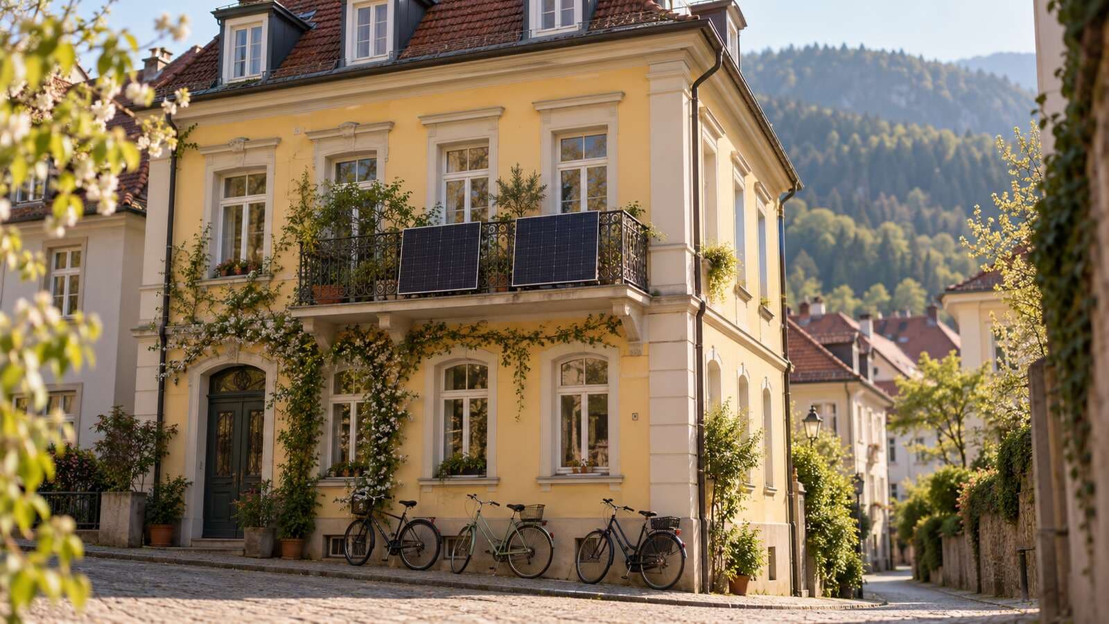 Balkonkraftwerk in Freiburg: zwei Solarmodule am Balkon eines gelben Altbaus, davor Fahrräder, dahinter der Schwarzwald