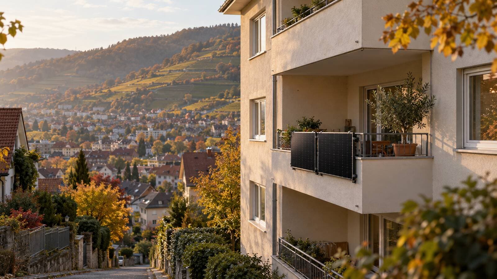 Balkonkraftwerk in Stuttgart: zwei Solarmodule aussen am Balkongeländer eines Wohnhauses in Hanglage