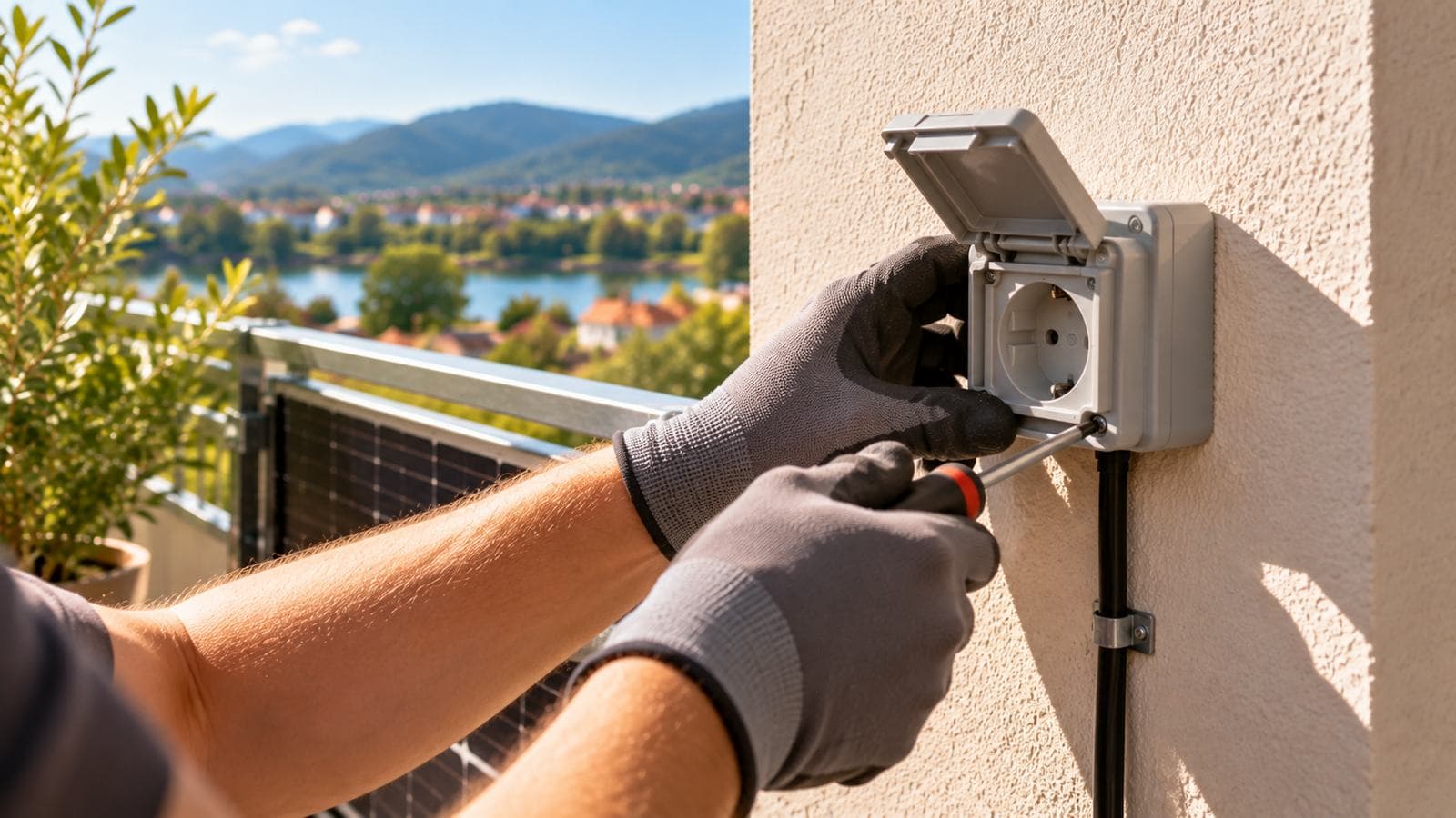 Außensteckdose für Balkonkraftwerk: Elektriker montiert eine neue Außensteckdose mit Klappdeckel an der Balkonwand