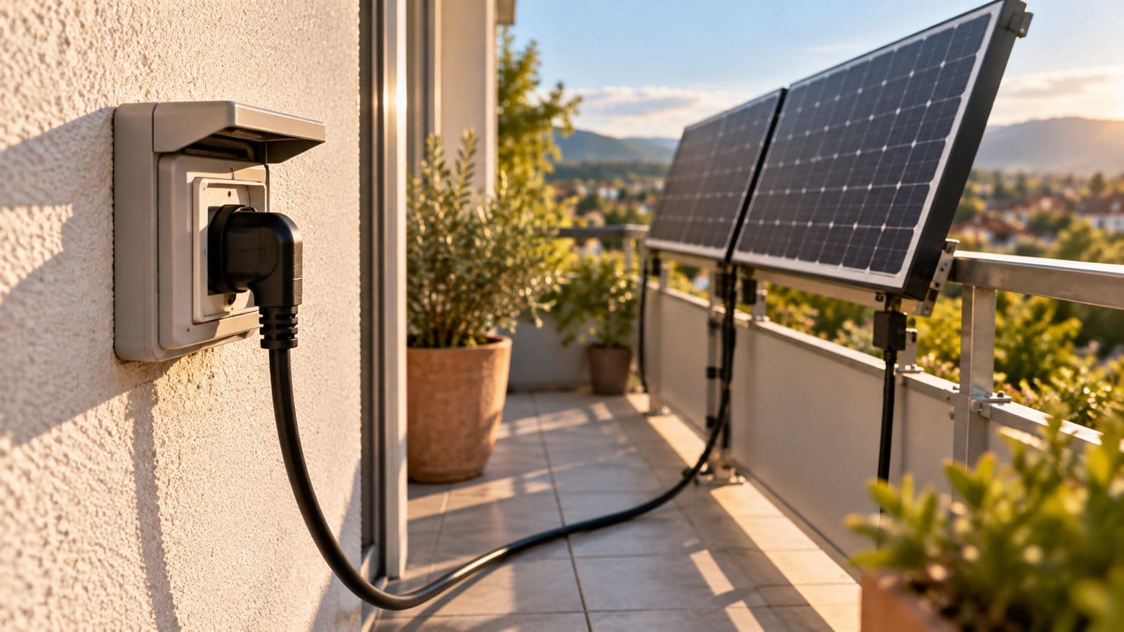 Balkonkraftwerk 800 Watt: Stecker in der Außensteckdose am Balkon, dahinter zwei Module am Geländer