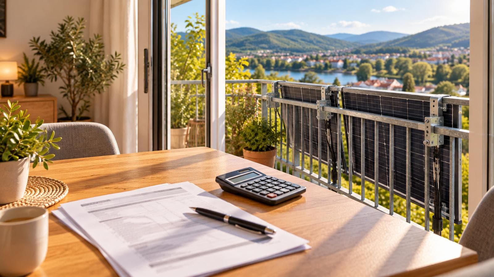 Balkonkraftwerk Förderung: Antragsformular, Taschenrechner und Stift auf dem Esstisch, durch die offene Balkontür Solarmodule
