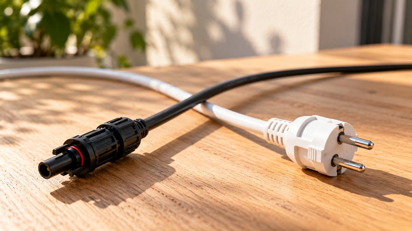 Gleichstrom Wechselstrom: Solarkabel mit Solarstecker und Haushaltskabel mit Stecker gekreuzt auf einem Holztisch