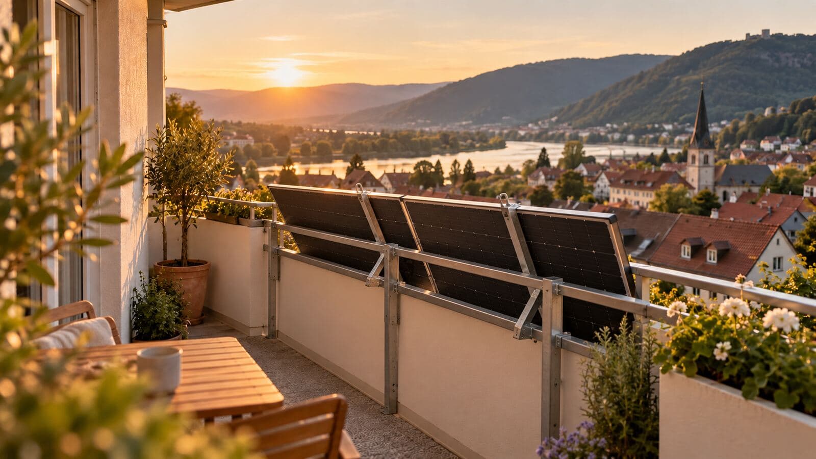 Solarmodule am Balkongeländer im Abendlicht, dahinter Dächer, ein Fluss und ein Kirchturm