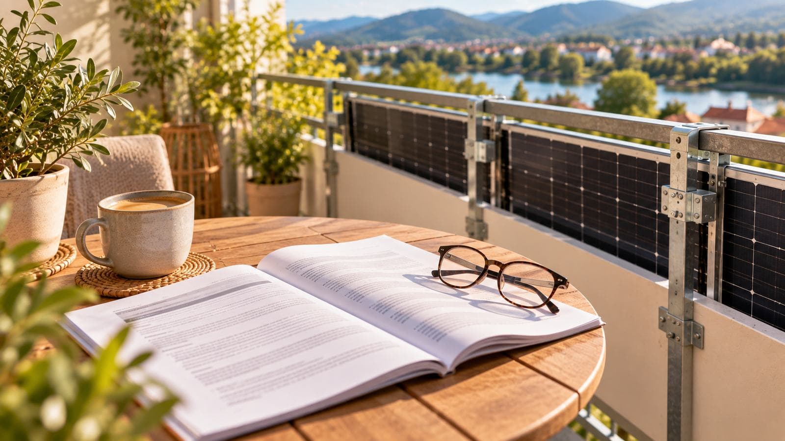 Solargesetz Balkonkraftwerk: Aufgeschlagene Broschüre, Lesebrille und Kaffee auf dem Balkontisch, am Geländer Solarmodule