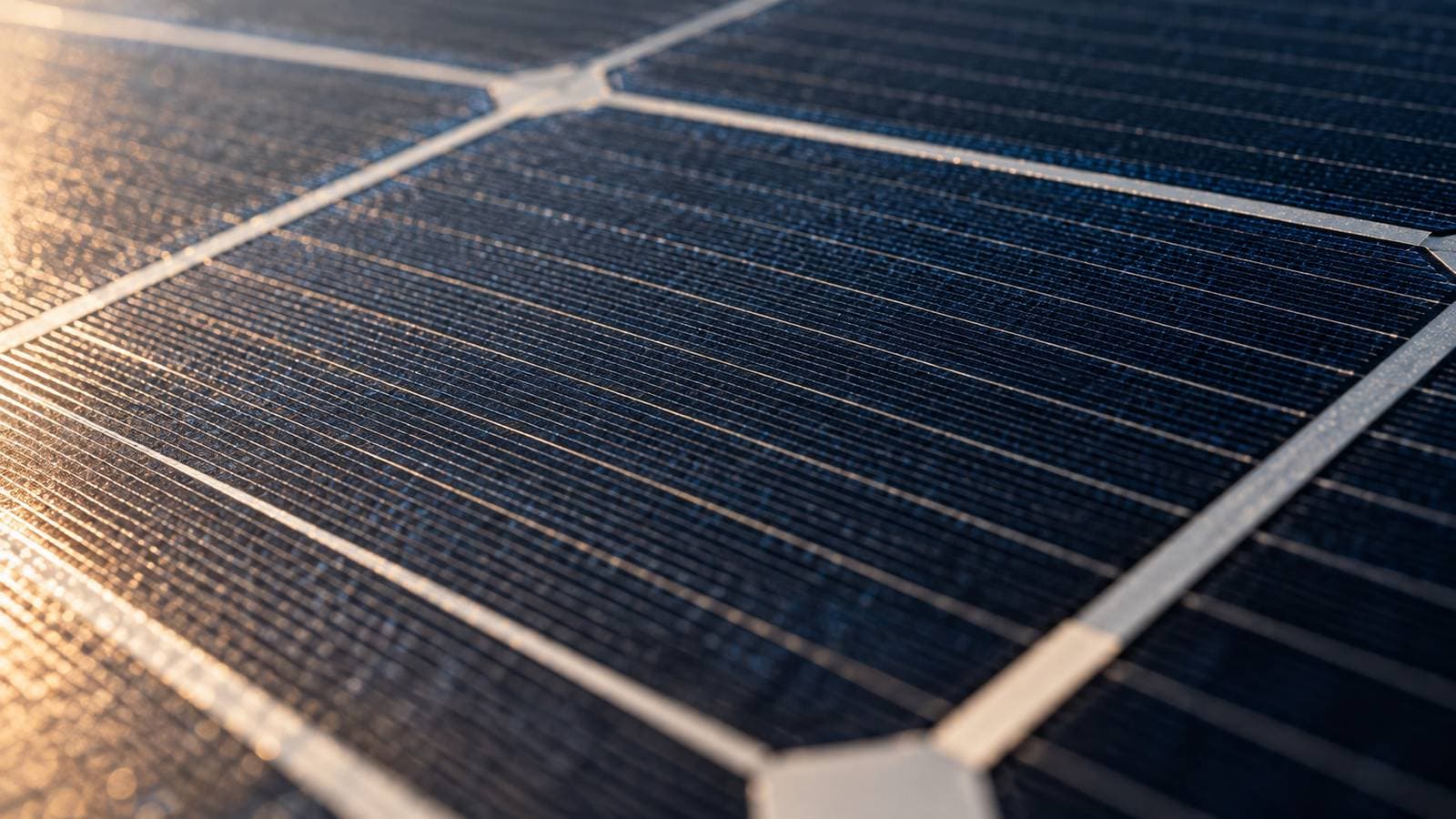 Solarzelle: Oberfläche einer monokristallinen Solarzelle mit Kontaktfingern in Makroaufnahme