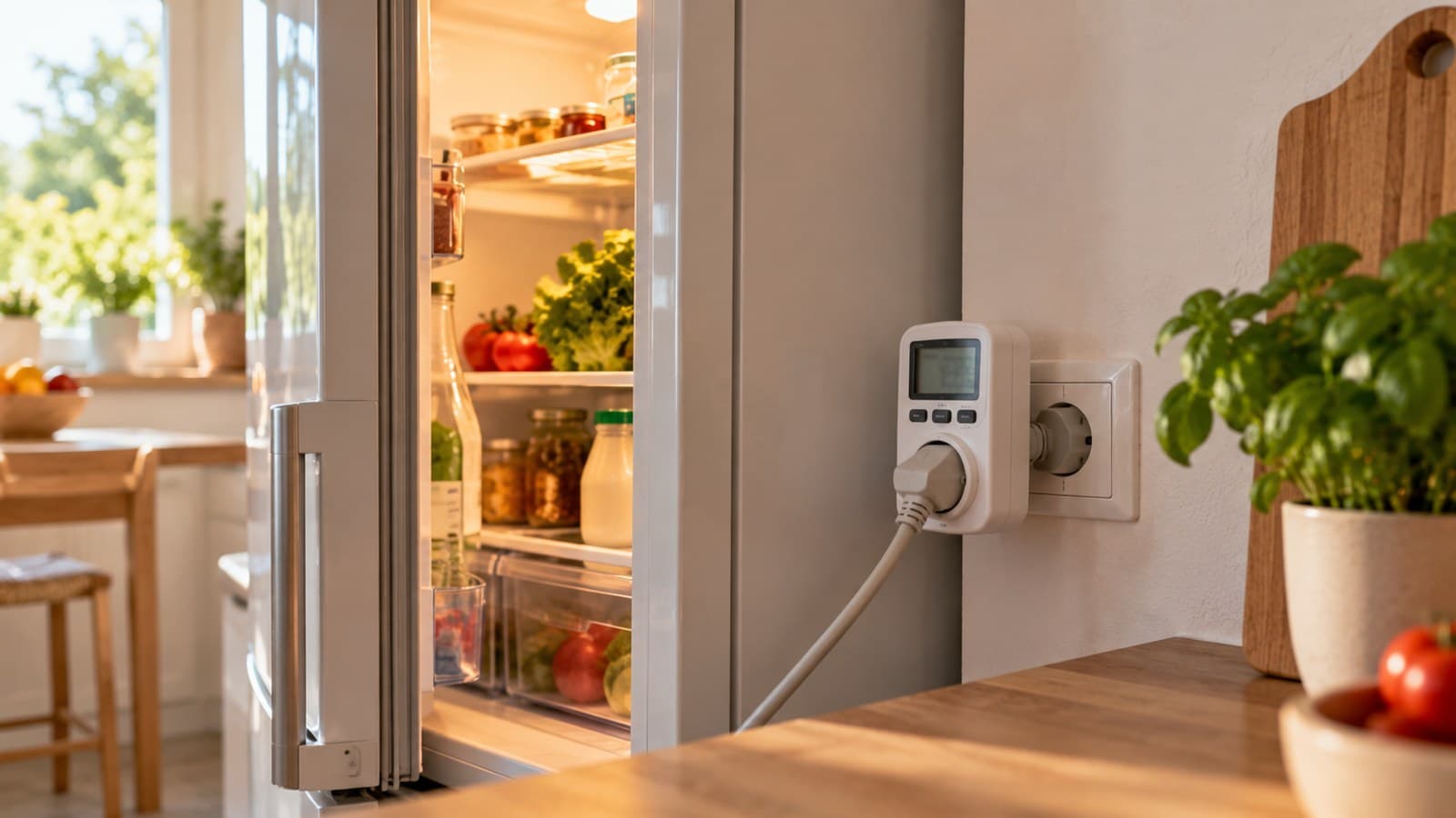 Stromverbrauch Kühlschrank: Steckdosen-Messgerät zwischen Kühlschrankstecker und Wandsteckdose in einer hellen Küche